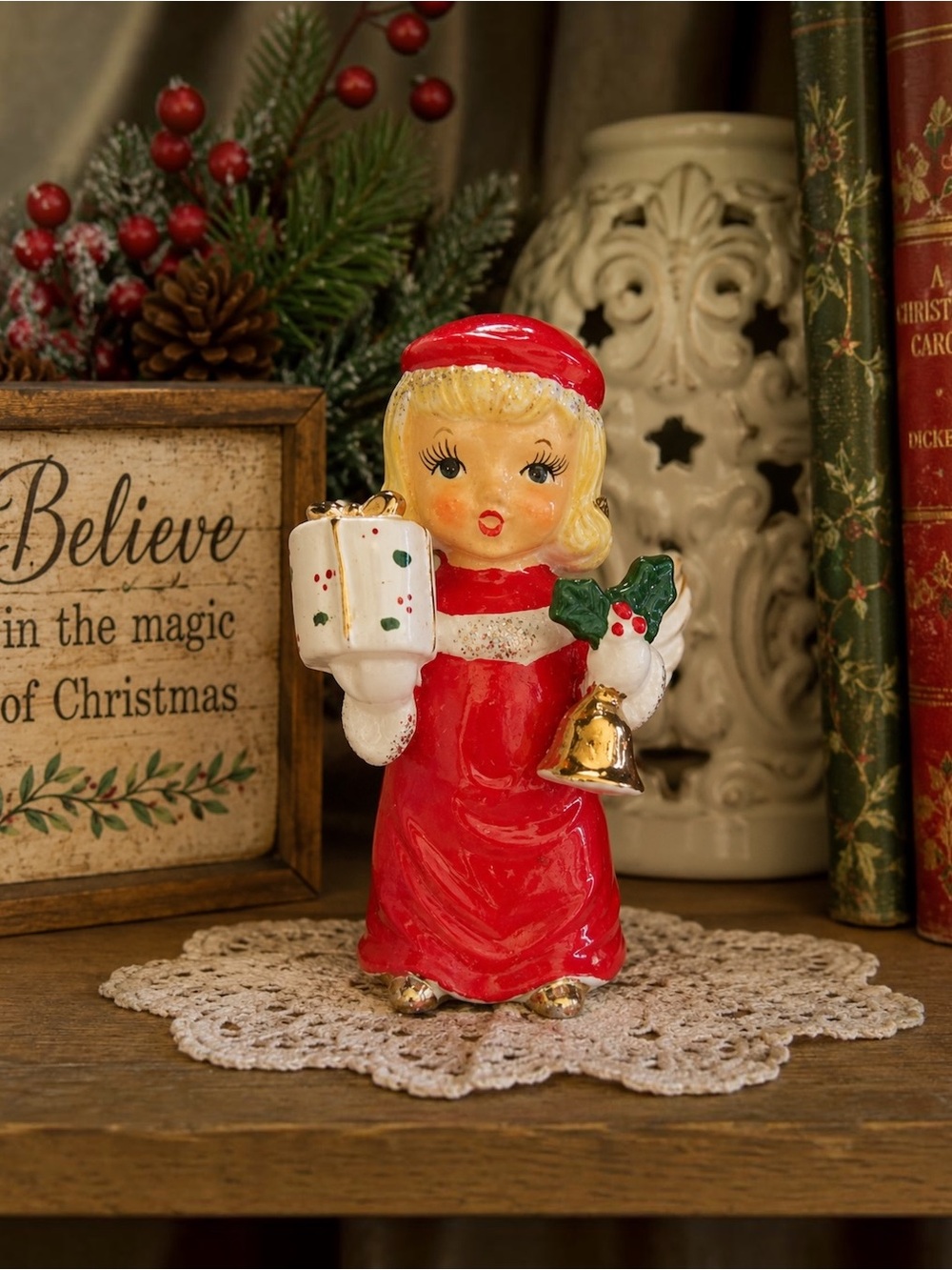 Vtg Japan Christmas Angel Girl Figurine Bell Gift Wings Holiday Glitter READ